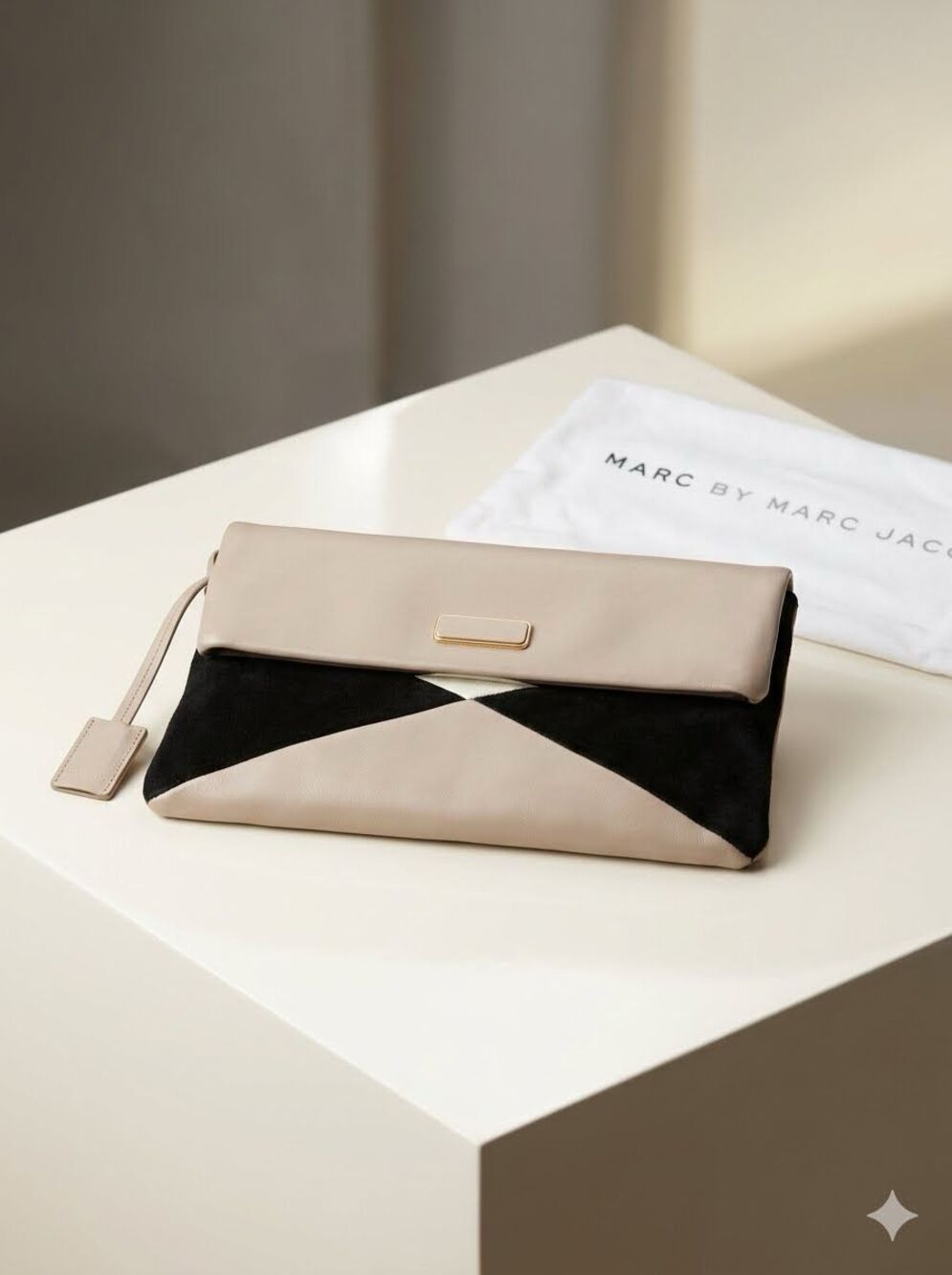 Marc Jacobs HVAC Colorblock Fold Over Clutch Purse Black Suede Beige Leather